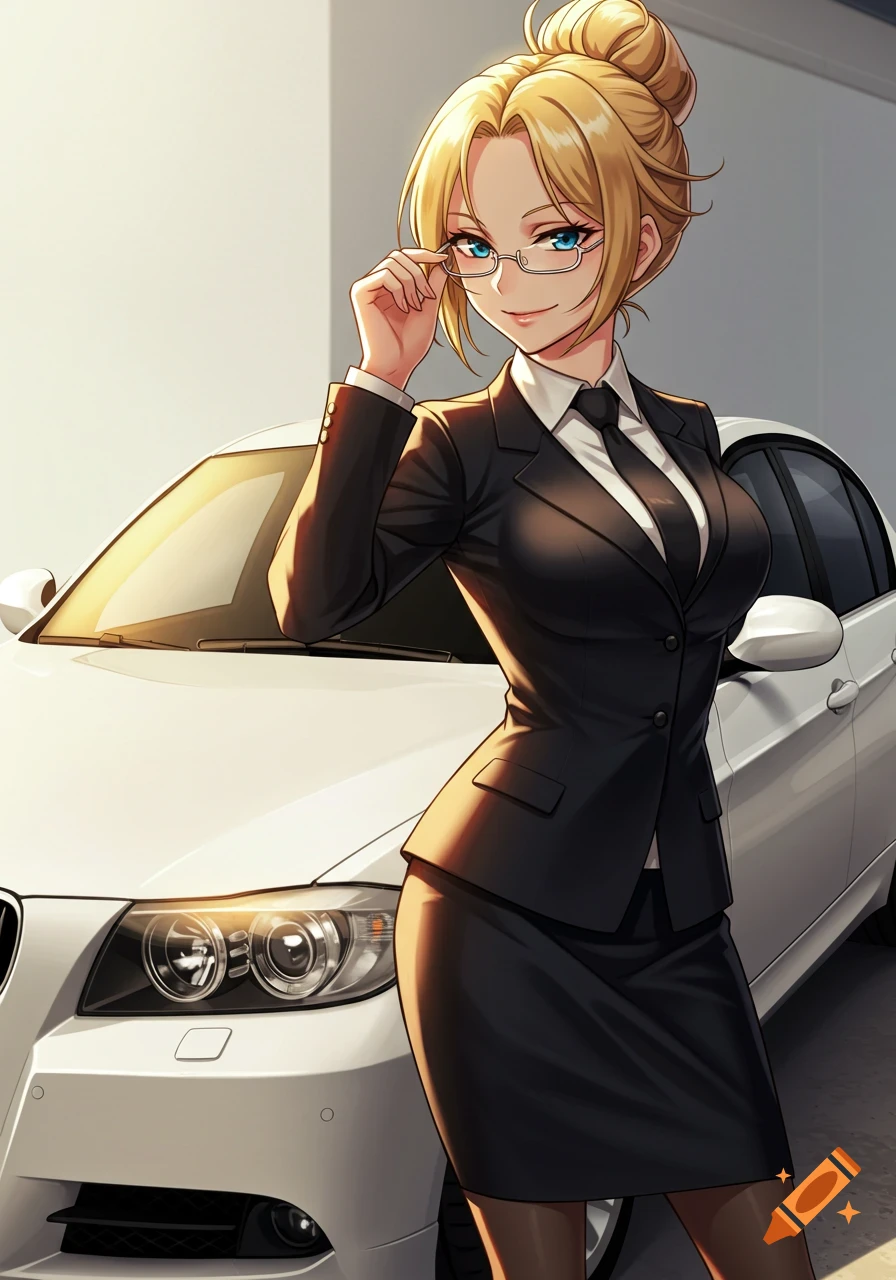 An anime woman with blonde hair in a bun and glasses, wearing a black business suit, stands smugly in front of a white BMW.
