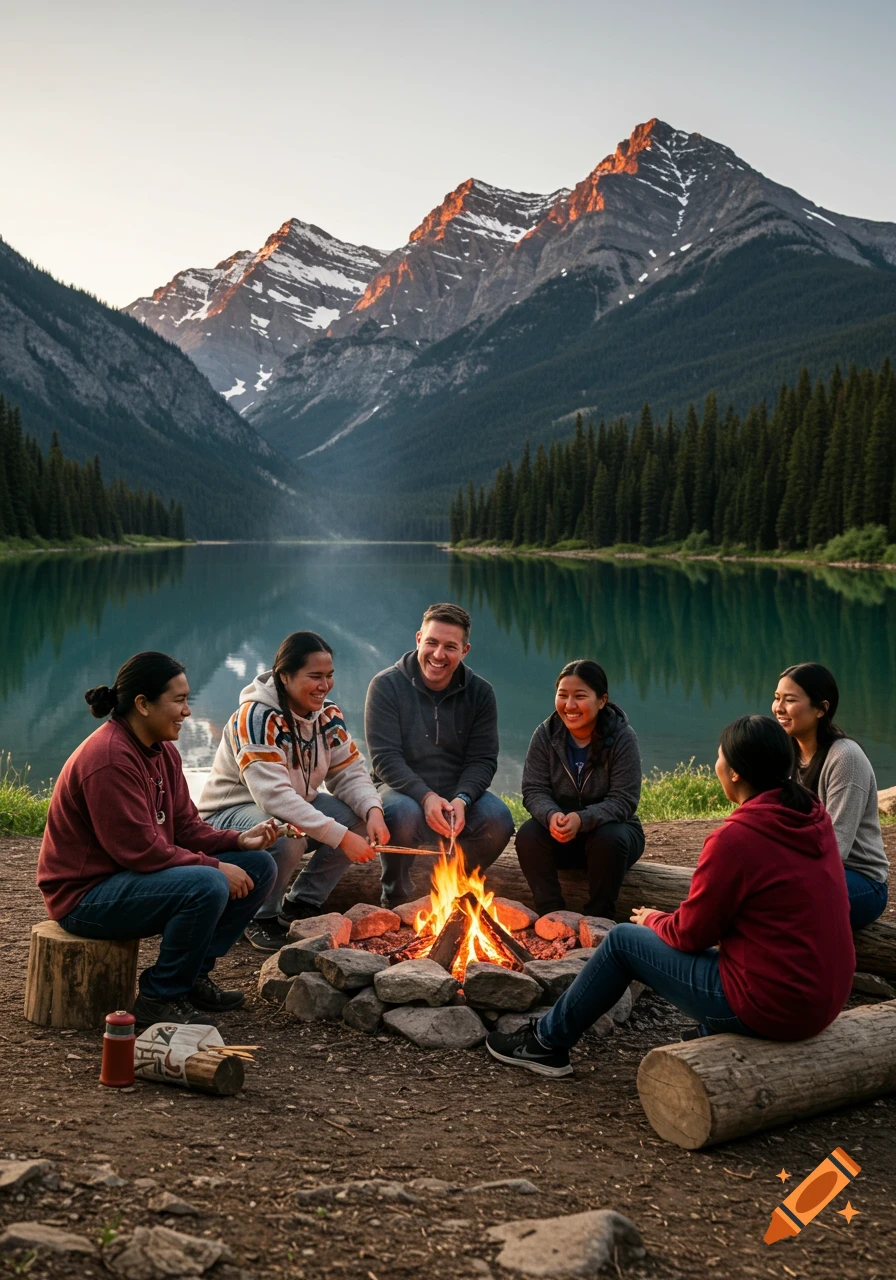 A diverse group of friends smiling around a campfire by a calm mountain lake with pine forests and snow-capped peaks at sunset.
