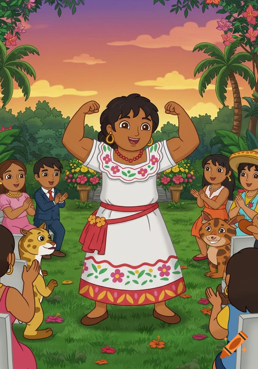 A cartoon woman in a white floral dress flexes her biceps, smiling, surrounded by clapping children and spotted animals in a vibrant garden at sunset.