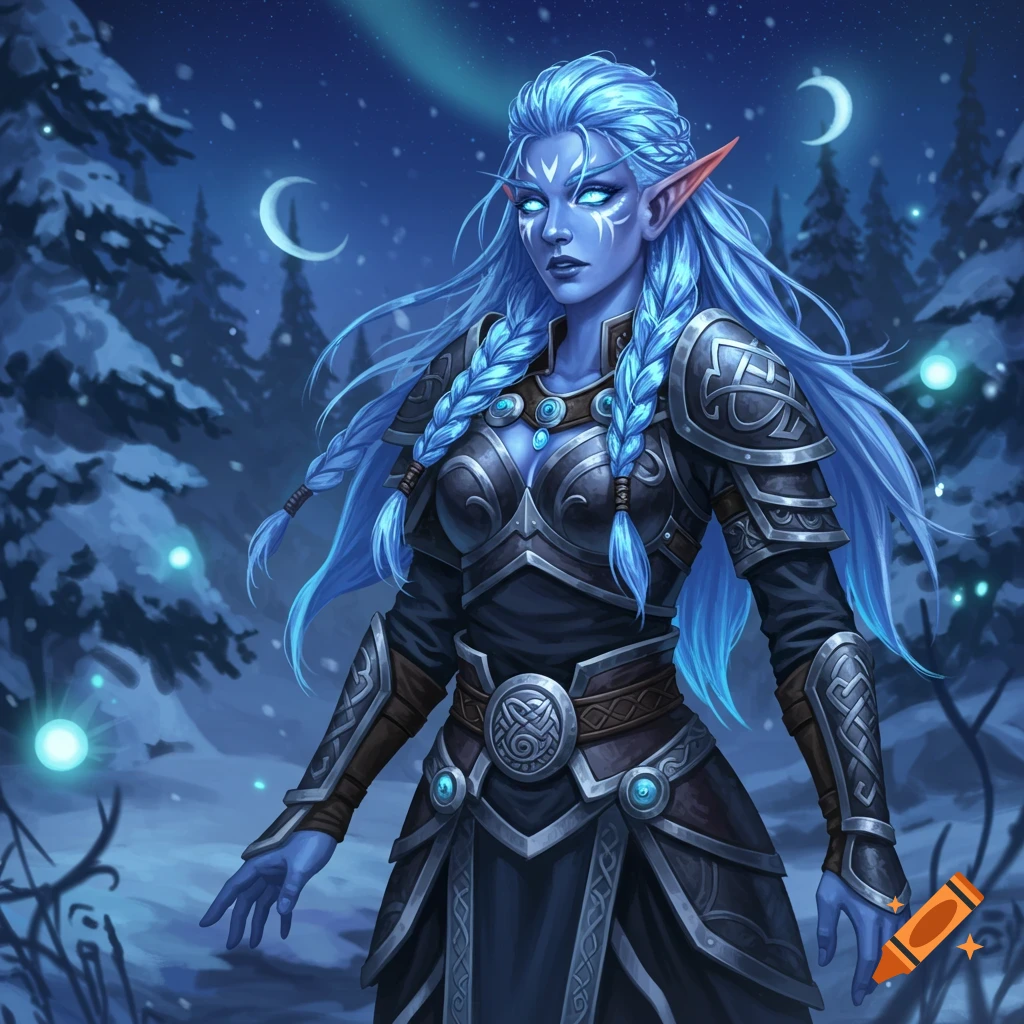 Blue-skinned elf warrior with braids, glowing eyes, and armor in a snowy forest under moonlight, animation style.