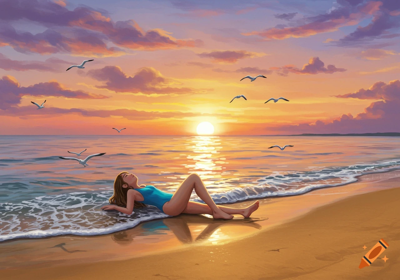 Illustrated woman in a blue swimsuit relaxes on a sandy beach as waves lap, with a vibrant sunset over the ocean and seagulls flying.