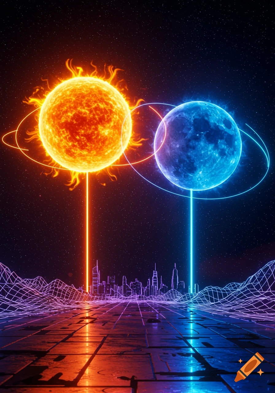 Vibrant sci-fi scene with a glowing orange sun and blue moon over a neon grid cityscape, connected by light beams.
