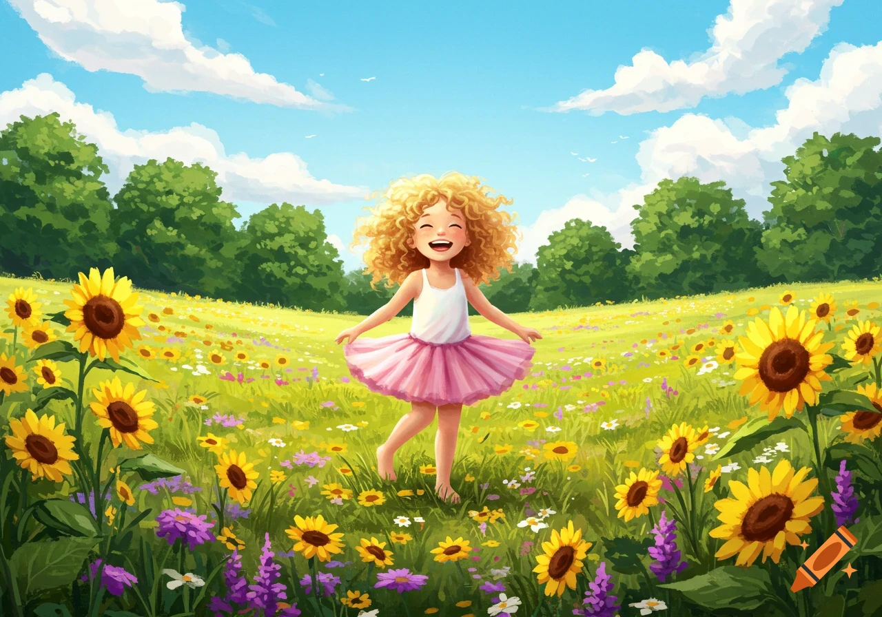 Joyful blonde girl in a pink tutu dances in a sunny field of sunflowers and wildflowers under a blue sky.