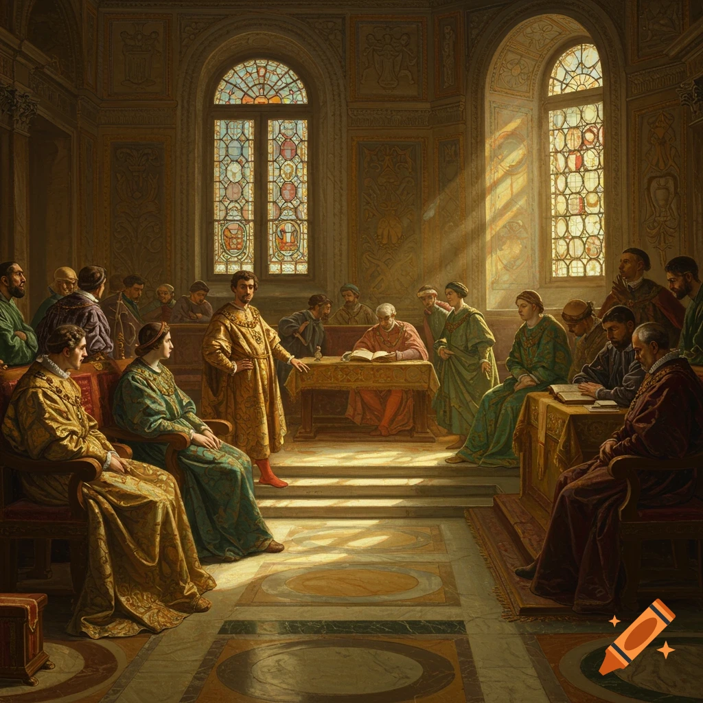 An oil painting of men in Renaissance attire gathered in an ornate hall, some seated at tables with books, in a historical or political meeting.