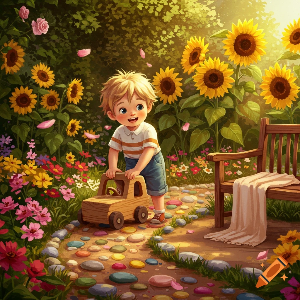 Cute boy plays with a wooden toy car in a sunny garden with colorful flowers and sunflowers, illustrated.