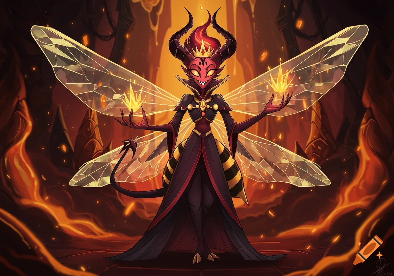 A red-skinned, horned demon queen with insect wings, wearing a black and yellow dress, stands in a fiery hellscape holding glowing orbs.