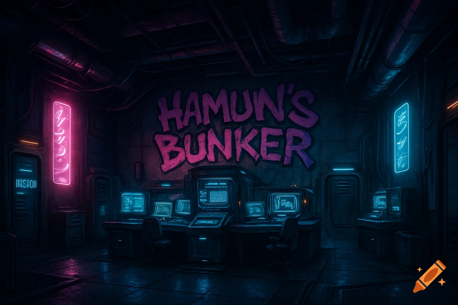A dark cyberpunk bunker interior with metal walls, glowing pink and blue neon signs, multiple computer terminals, and 'HAMUN'S BUNKER' graffiti.