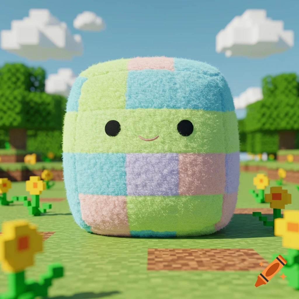 A pastel patchwork plush toy with black eyes and a pink smile sits in a pixelated Minecraft-style field with blocky trees and yellow flowers.