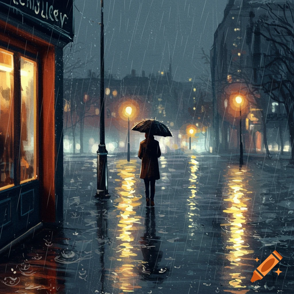 A lone figure with an umbrella walks down a rainy city street at night, illuminated by warm streetlights reflecting on the wet ground.