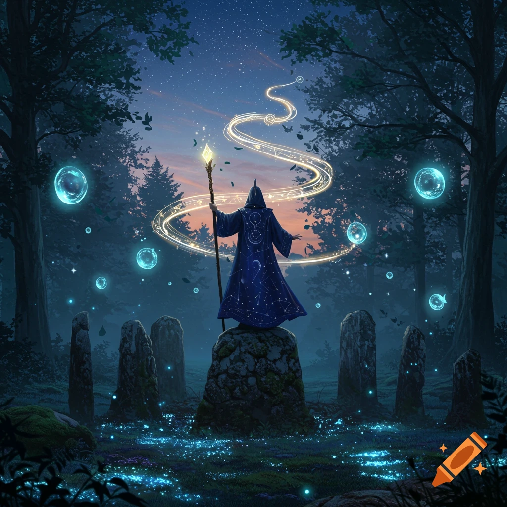 A wizard in a dark blue robe stands on a rock in a mystical forest, surrounded by glowing orbs and swirling magical light at dusk.