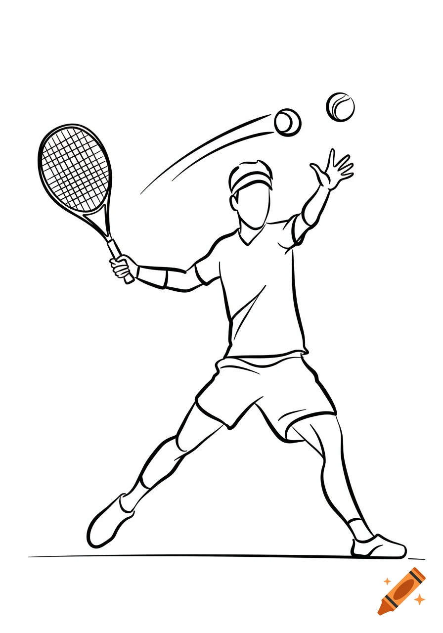 Line art drawing of a tennis player with a racket and two tennis balls in motion.