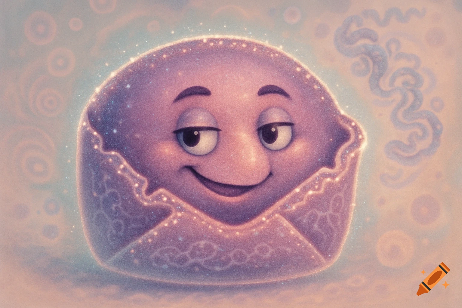 A sparkling purple cartoon envelope with a happy, slightly flirty face against a soft, ethereal background.