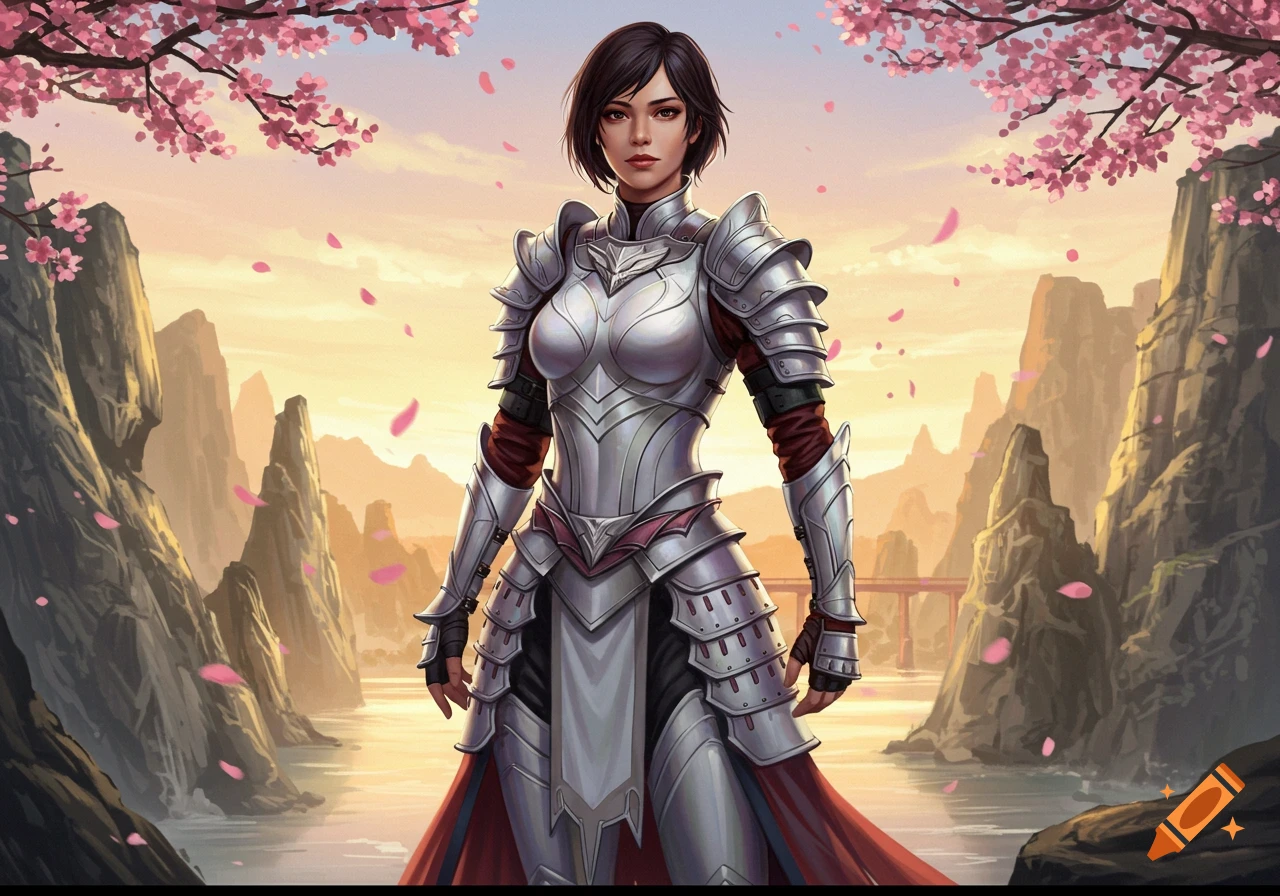 A female warrior in shining white armor stands in a fantasy landscape with cherry blossoms and mountains at sunset.