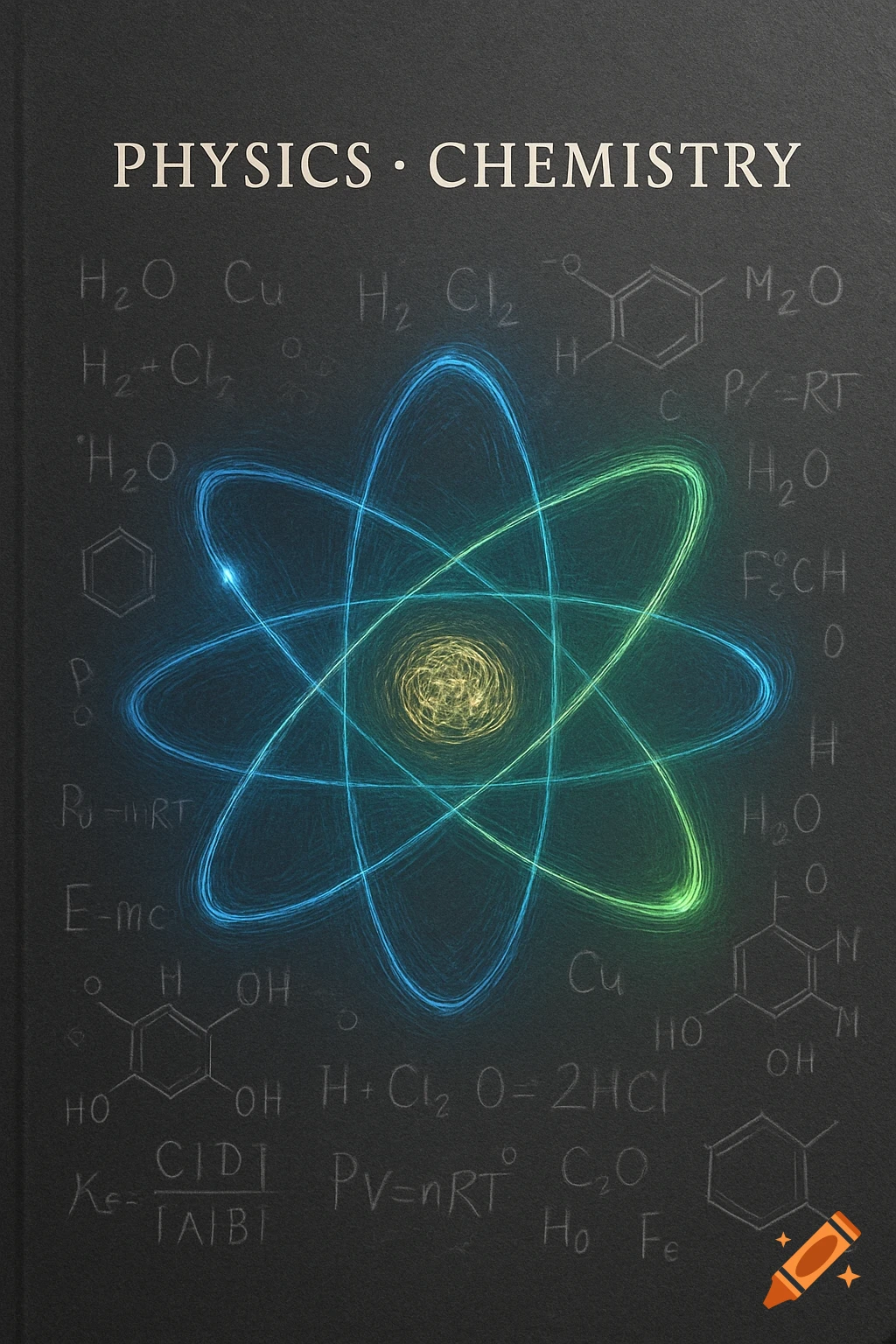 A dark cover with a glowing blue and green atom model at its center, surrounded by white chalk-like physics and chemistry formulas and the words 'PHYSICS  CHEMISTRY' at the top.