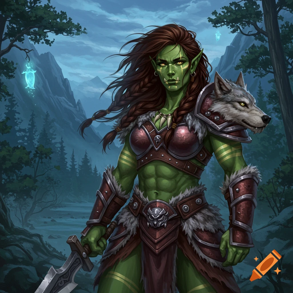 Muscular green-skinned orc warrior woman with braided hair, yellow eyes, tribal armor with a wolf head, holding a sword in a forest.