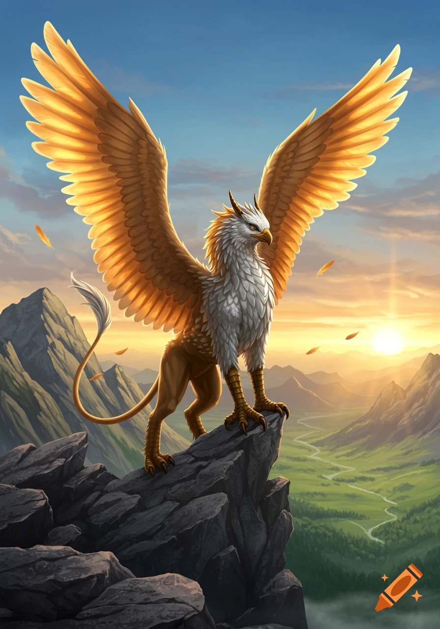 A majestic griffin with golden wings and white plumage stands on a rocky mountain peak overlooking a lush valley at sunset.