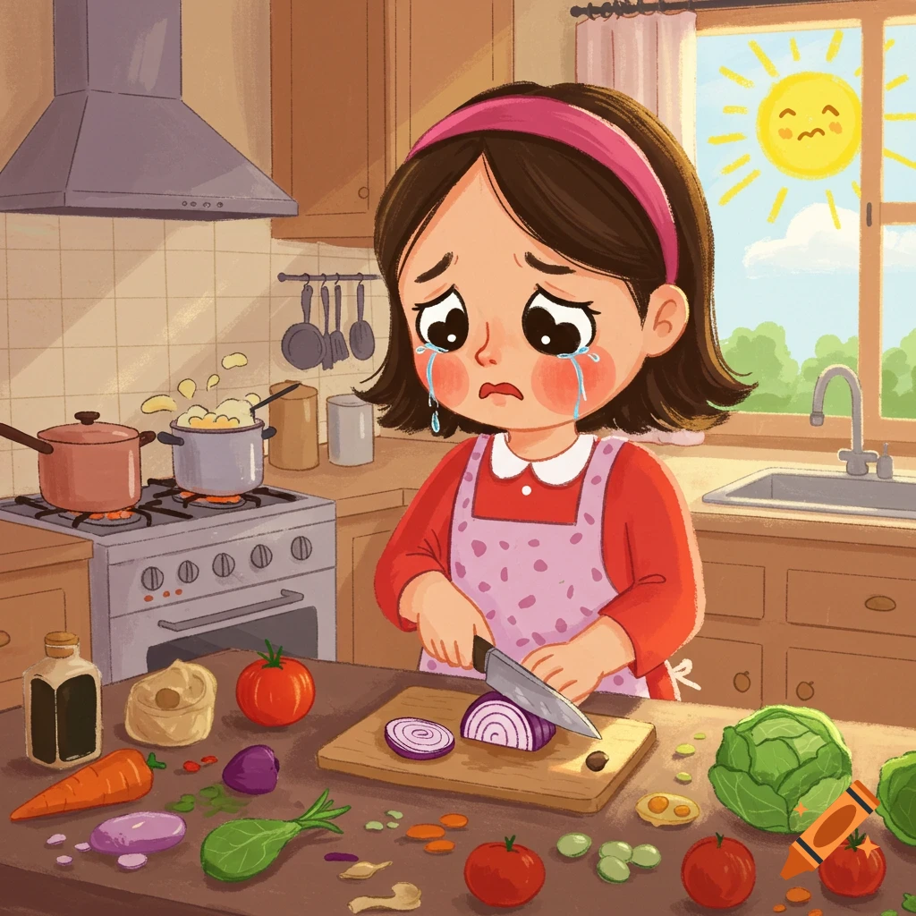 A cartoon child in a kitchen, crying while cutting a red onion, surrounded by various vegetables.