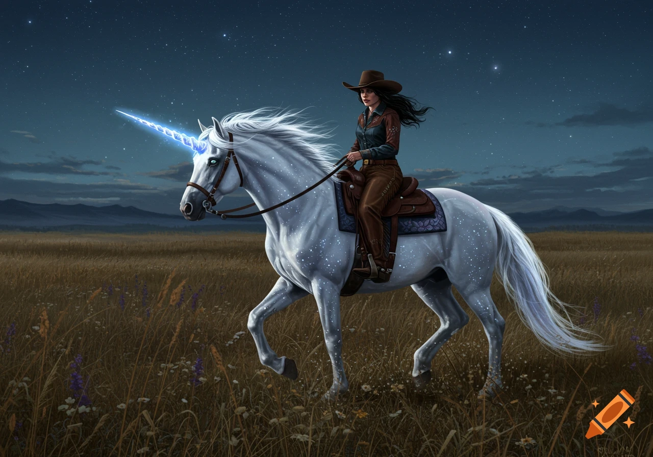 A cowgirl in a brown hat and clothes rides a white, glowing unicorn through a grassy field under a starry night sky. Stylized illustration.