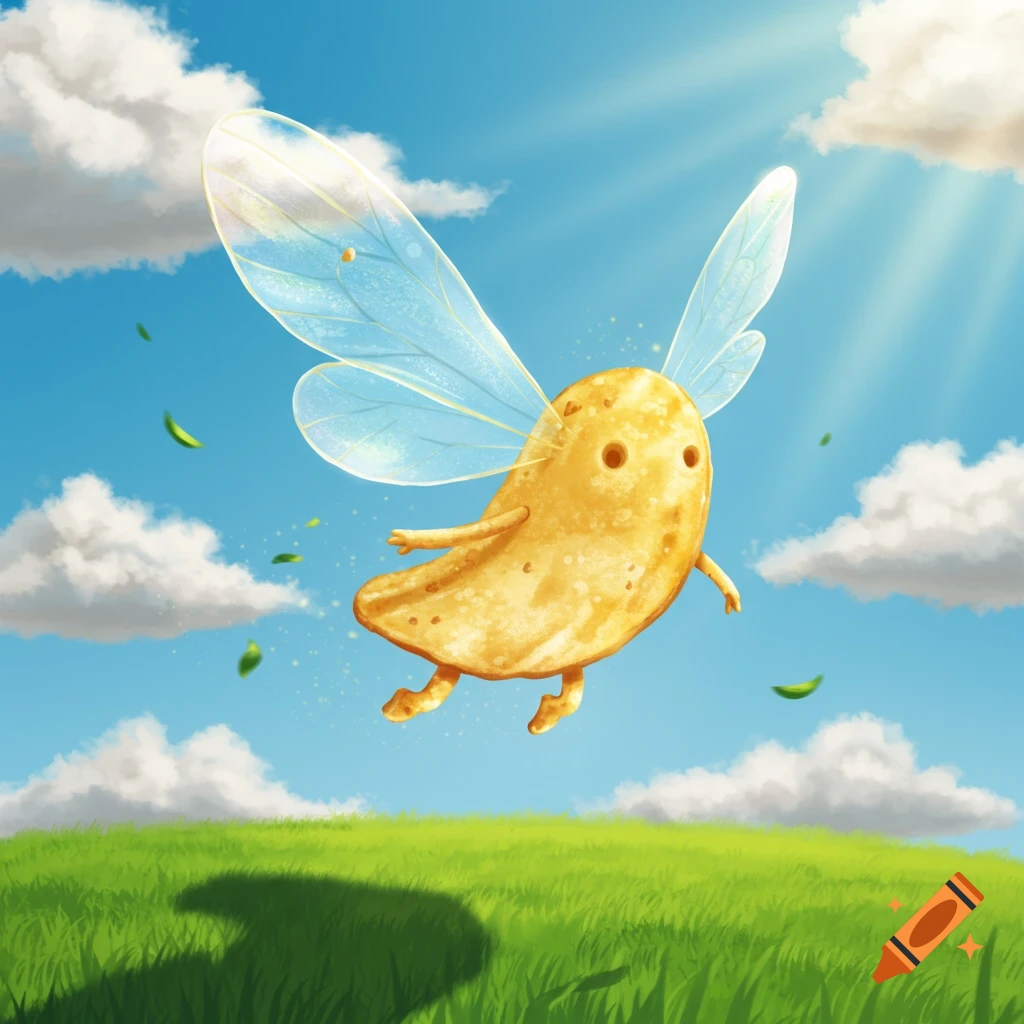A cute, anthropomorphic potato chip creature with translucent wings flies over a vibrant green field under a sunny blue sky with fluffy clouds.