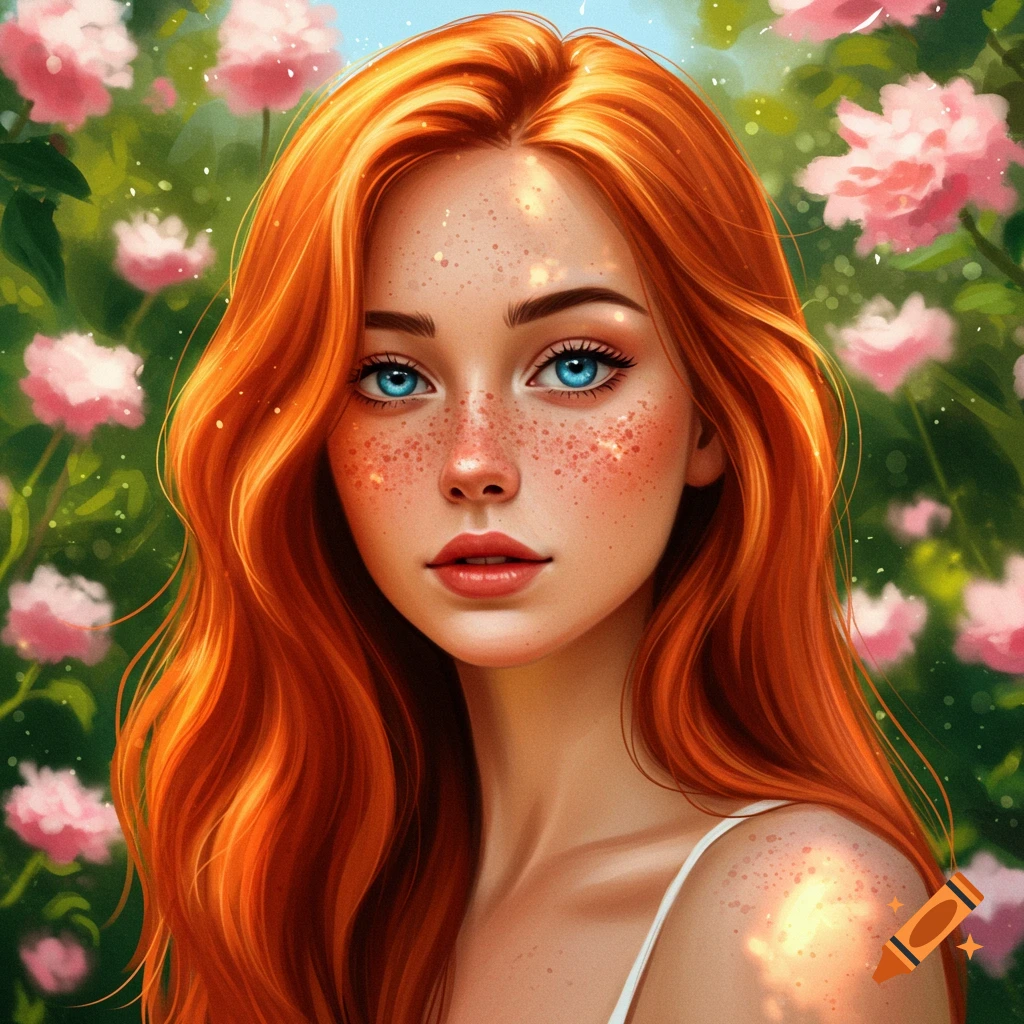 A beautiful young woman with long, vibrant red hair, striking blue eyes, and delicate freckles, set against a soft, sunlit floral background in a digital painting style.