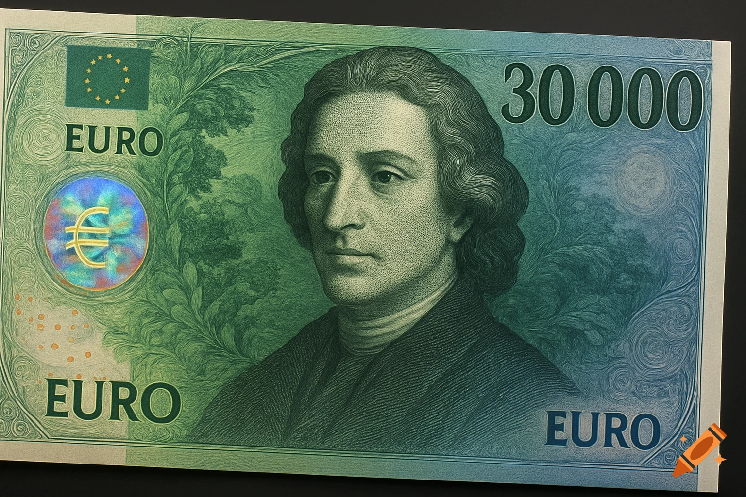 A green and blue 30,000 Euro banknote featuring a detailed portrait of a man, an EU flag, and holographic euro symbol.
