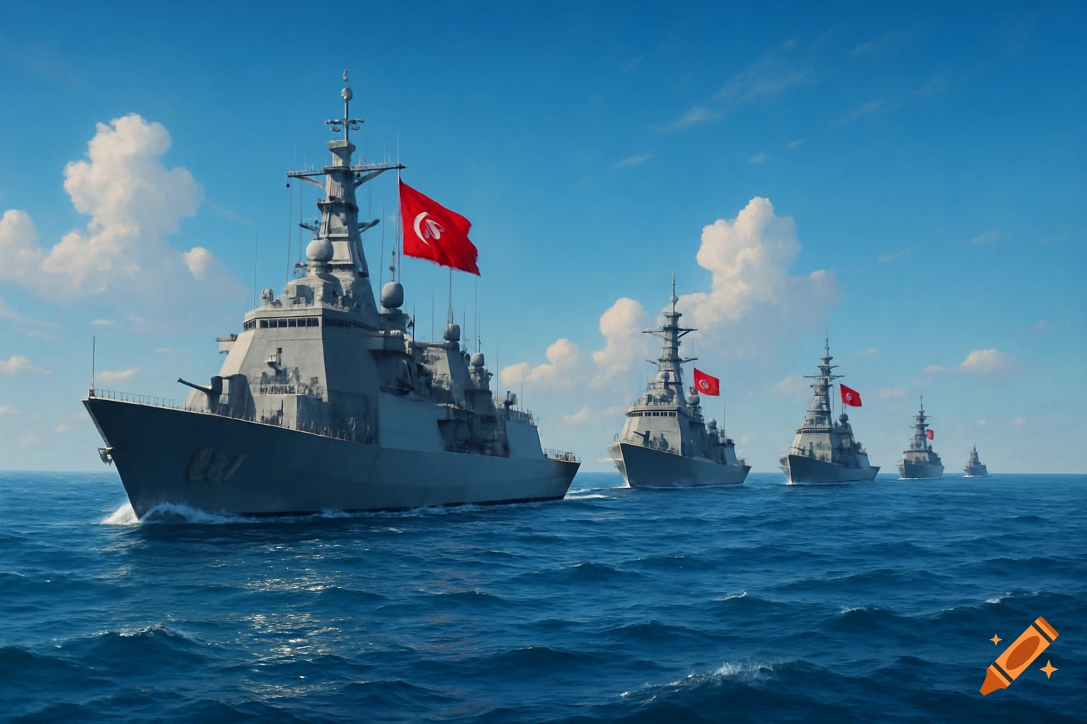 A fleet of Turkish navy warships with red flags featuring a white crescent and star sailing on a blue ocean under a partly cloudy sky, viewed from a low angle.