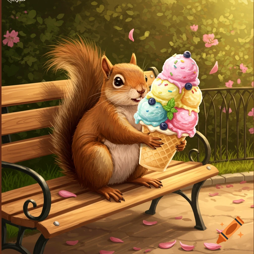 A cute cartoon squirrel with a fluffy tail holds a giant multi-scoop ice cream cone on a park bench under dappled light.