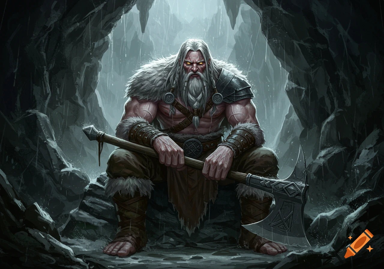 A powerful, grey-bearded warrior with glowing yellow eyes sits holding a large axe inside a dark, rainy cave. Detailed fantasy illustration.