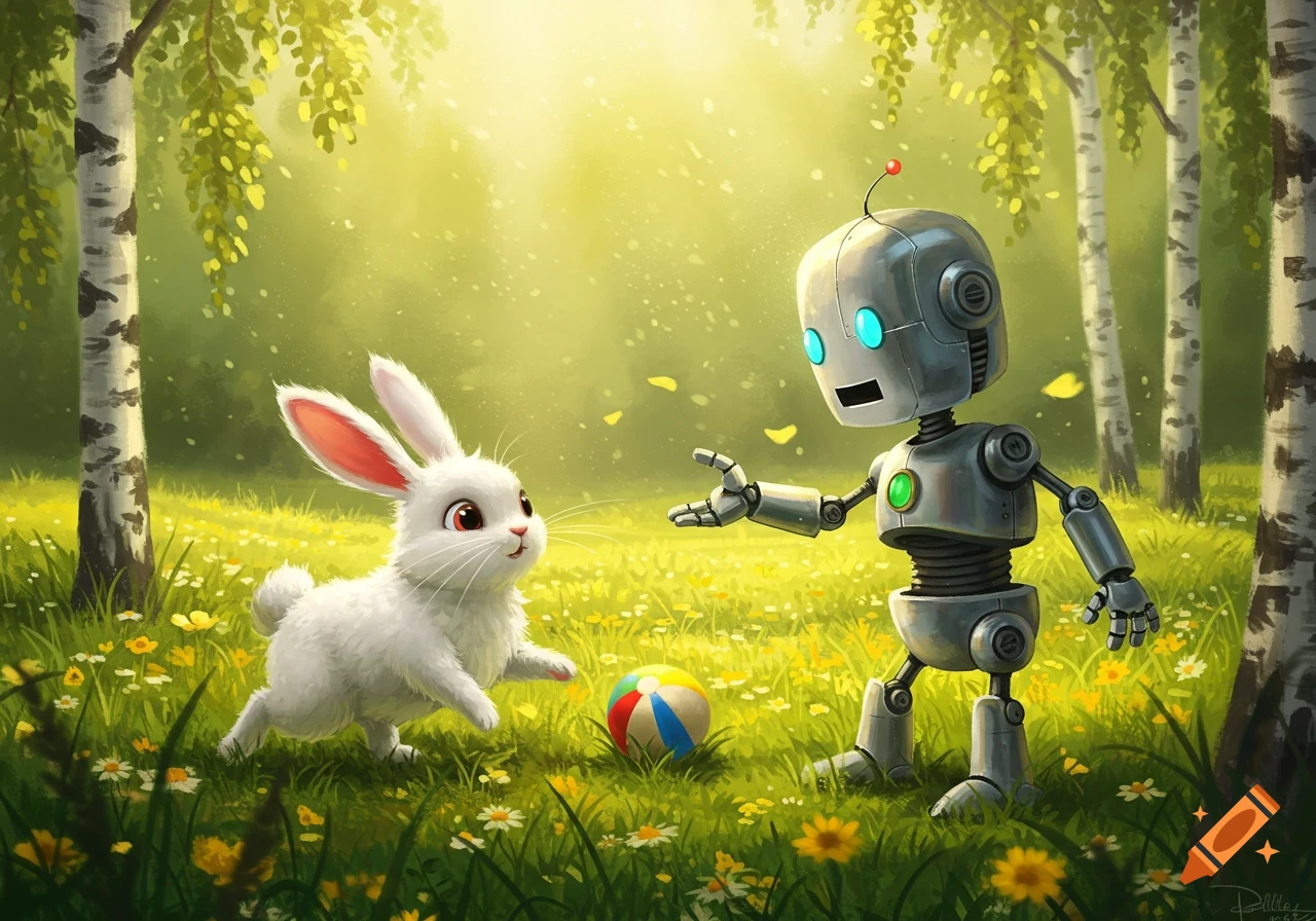 An illustrated white rabbit and a gray robot play with a colorful ball in a sunny forest field.