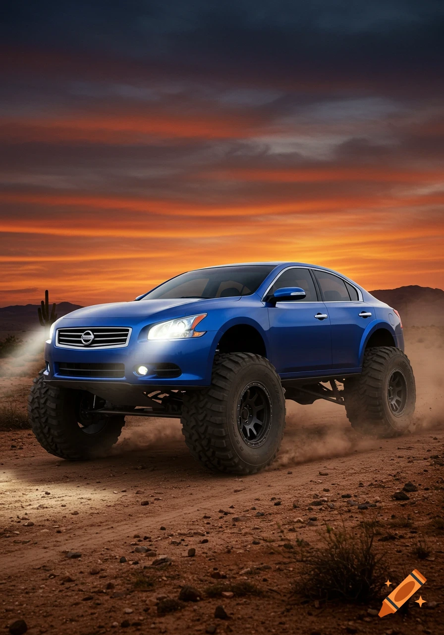 A blue lifted Nissan Maxima with large off-road tires drives on a dirt road in a desert at sunset, kicking up dust.