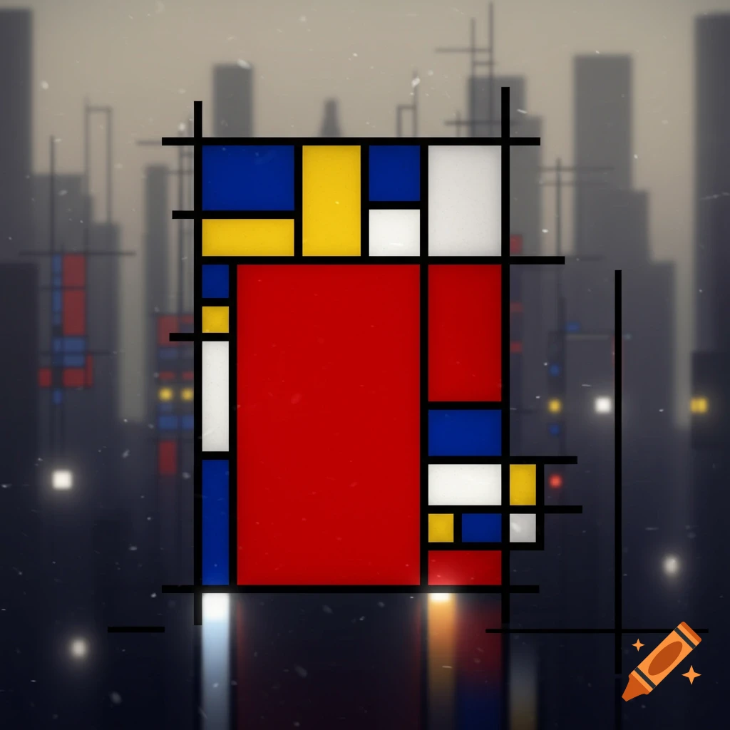 A geometric abstract composition in red, blue, yellow, and white, with thick black lines, overlaid on a blurry, hazy cityscape.