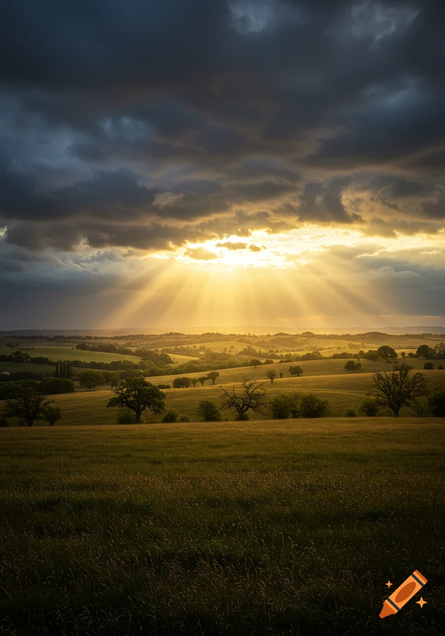 Dramatic landscape with golden sunrays piercing through dark, stormy clouds over green fields and rolling hills.