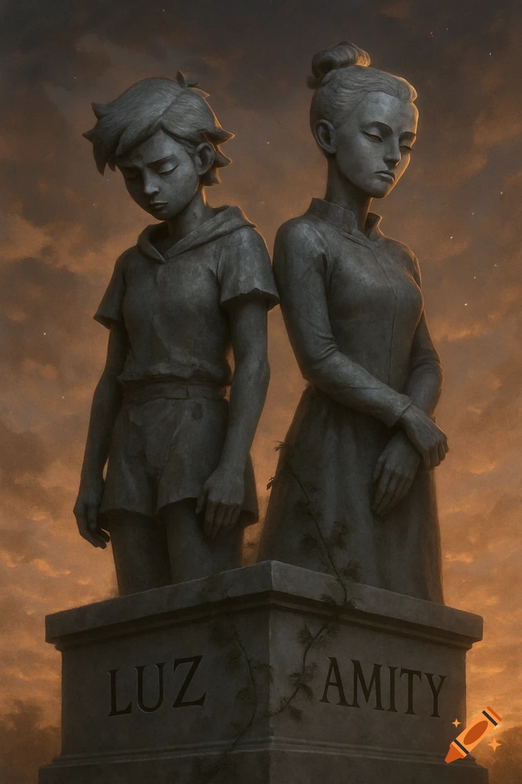 Two somber stone statues of young women, Luz and Amity, on a vine-covered pedestal against a cloudy orange sky.