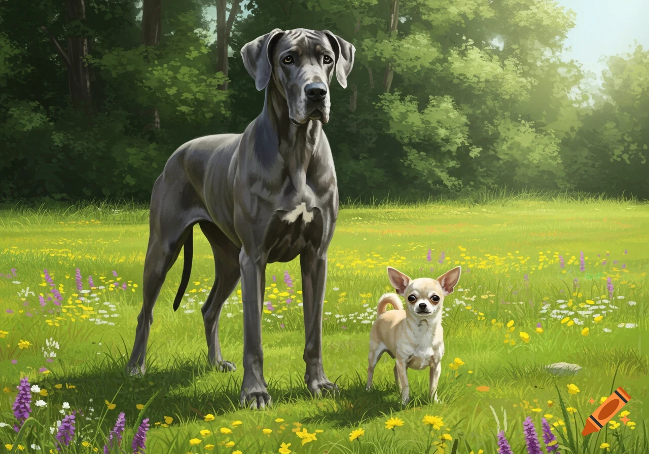 A large grey Great Dane and a small tan Chihuahua stand in a sunny, flower-filled grassy field, digital painting.