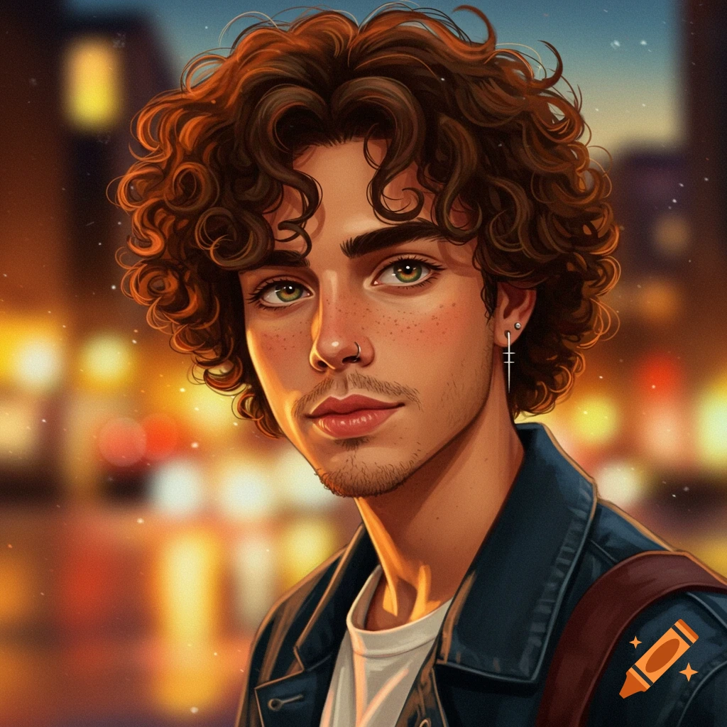Illustration of a young man with curly brown hair, hazel eyes, freckles, a nose ring, and an earring, against a blurred city background.