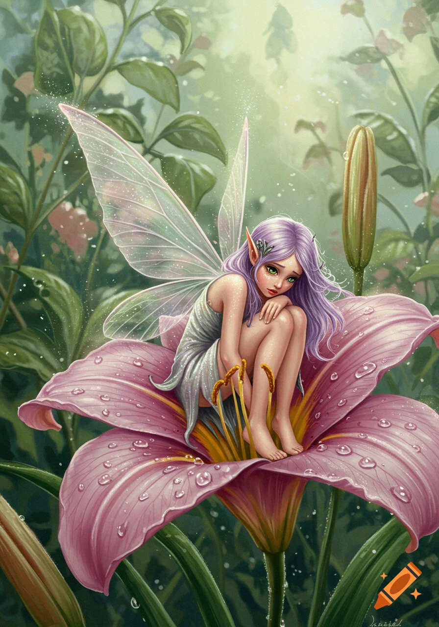 A despondent pixie with lavender hair and green eyes sits on a dewy pink lily surrounded by green foliage, digital painting.