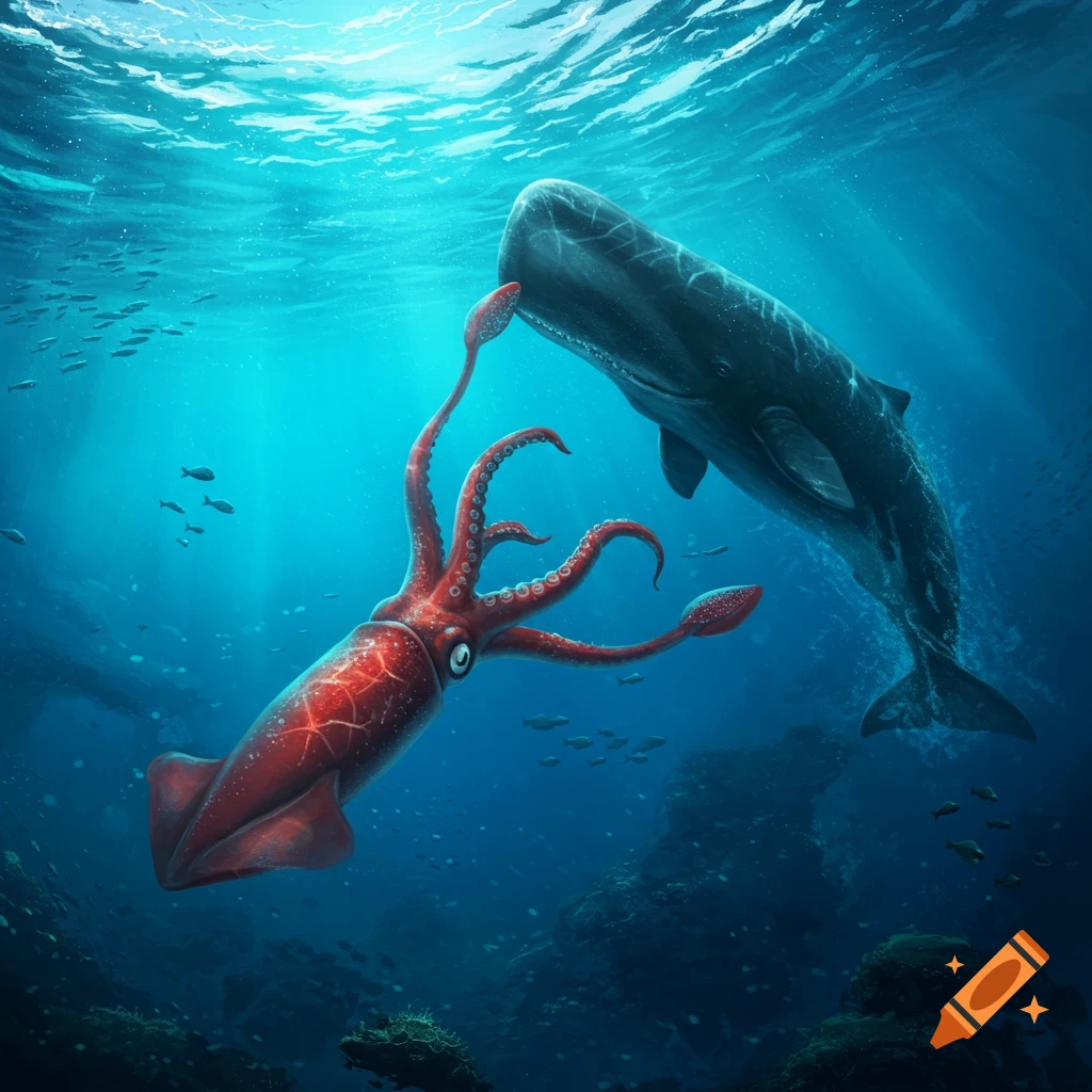 A giant red squid confronts a dark sperm whale in a bright blue underwater scene.