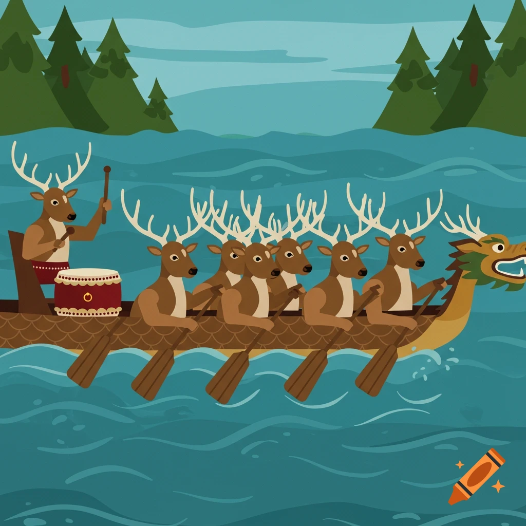 Cartoon illustration of deer in a dragon boat, one drumming and others rowing, on blue water with green trees in the background.