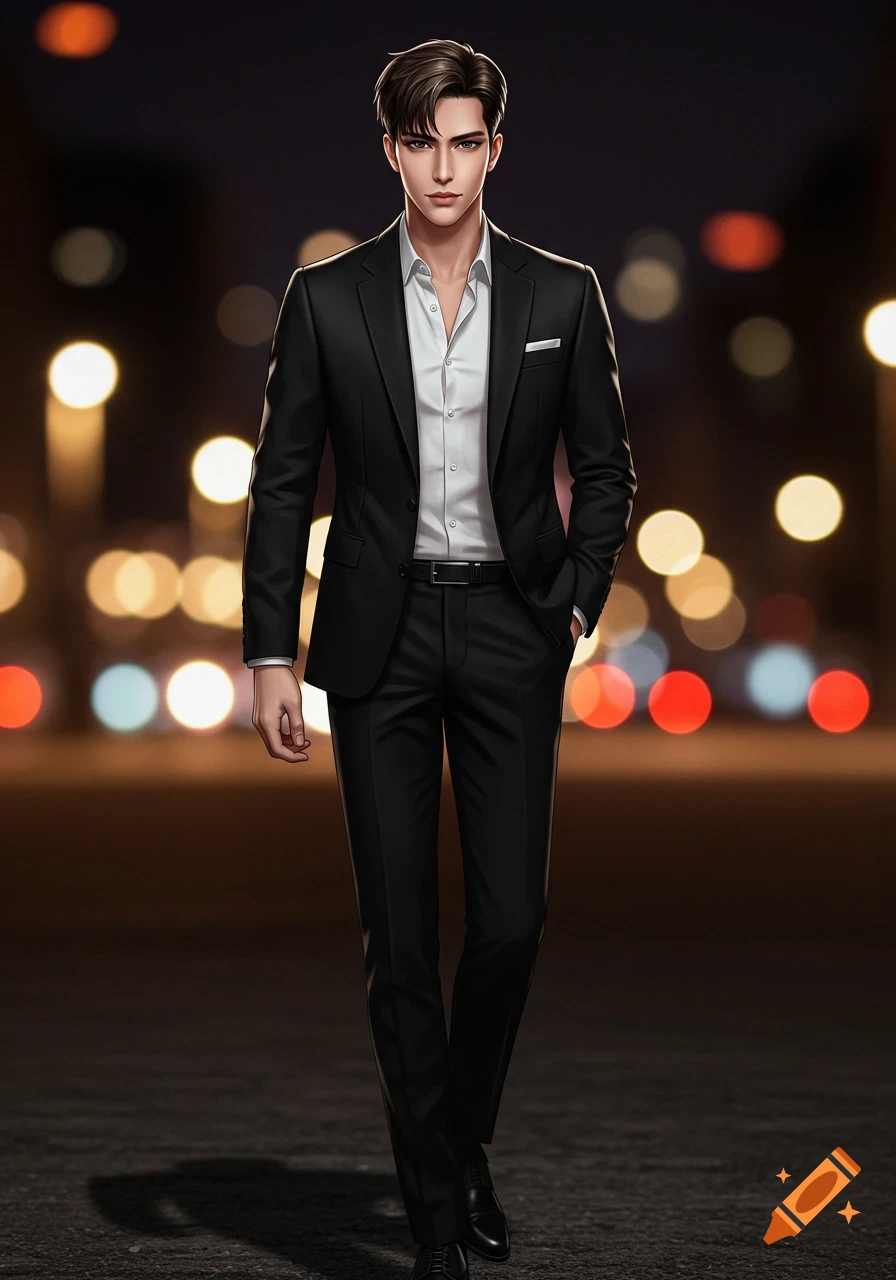 Anime illustration of a confident young man in a black suit against a blurred city night background.