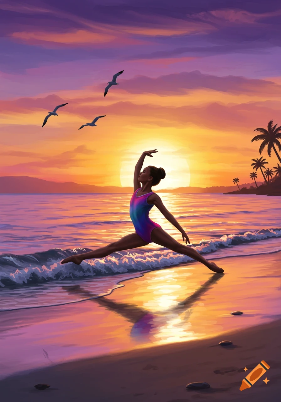 An illustrated girl in a leotard performs a split on a vibrant beach at sunset, with ocean waves and palm trees.
