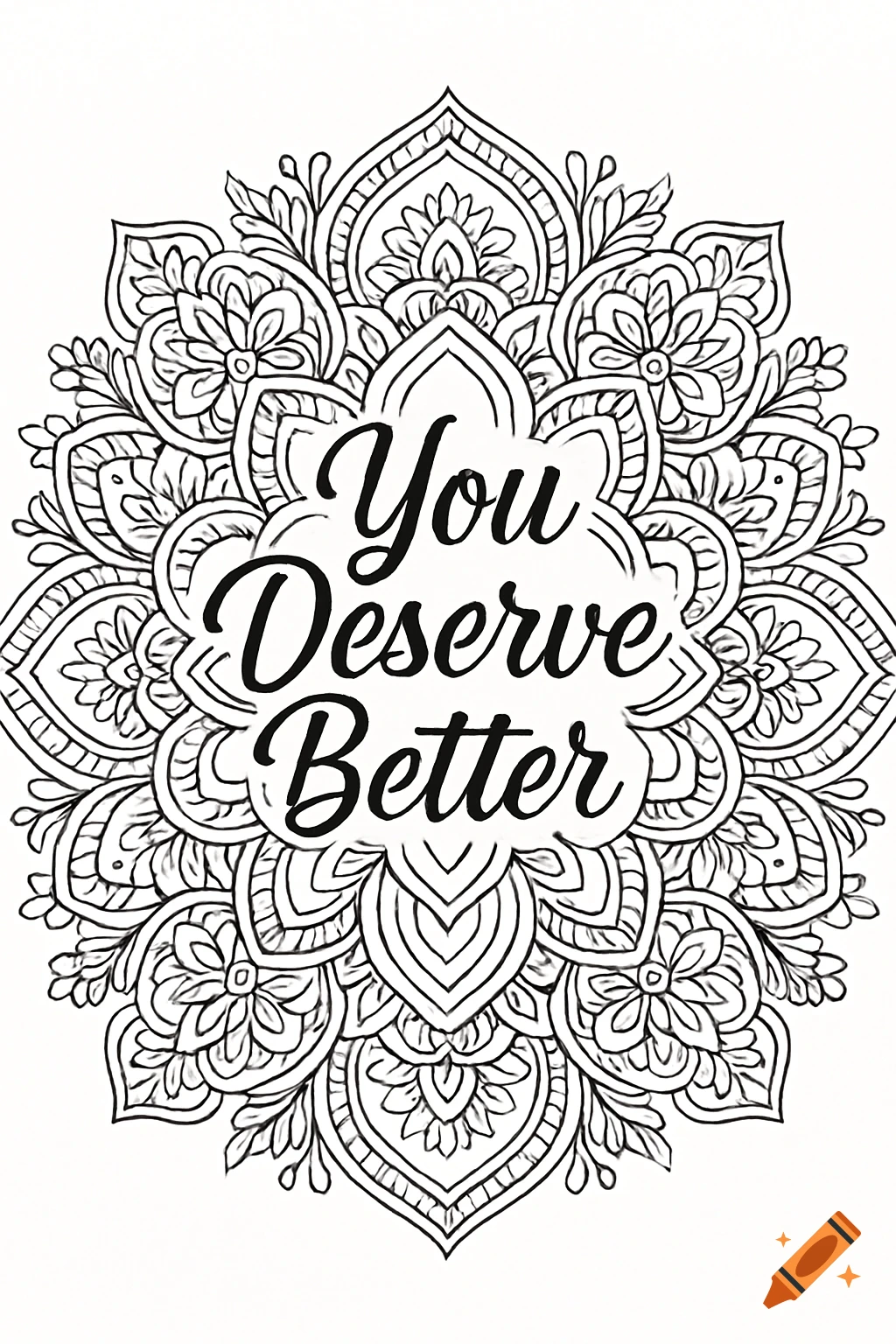 Black and white line art coloring page of an intricate mandala pattern with the words You Deserve Better in the center.