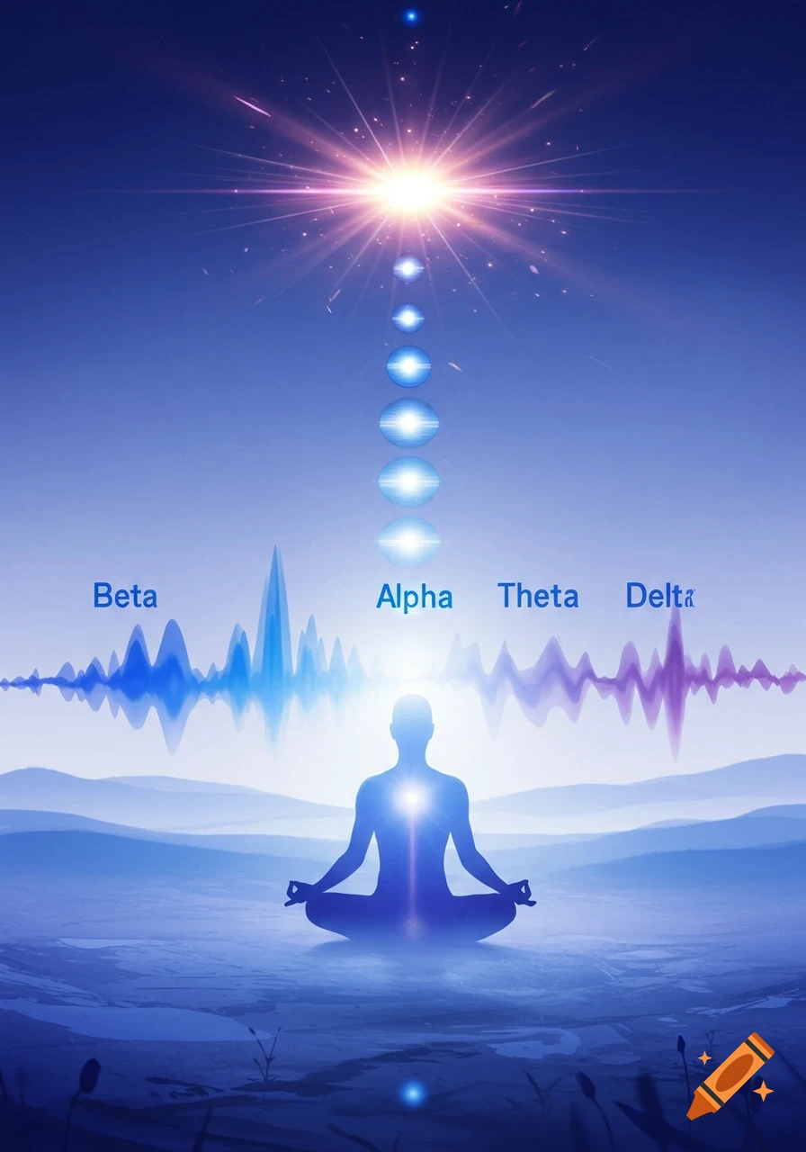 A silhouette meditates in a blue, ethereal landscape under a bright light, with labeled brainwave patterns and energy spheres.