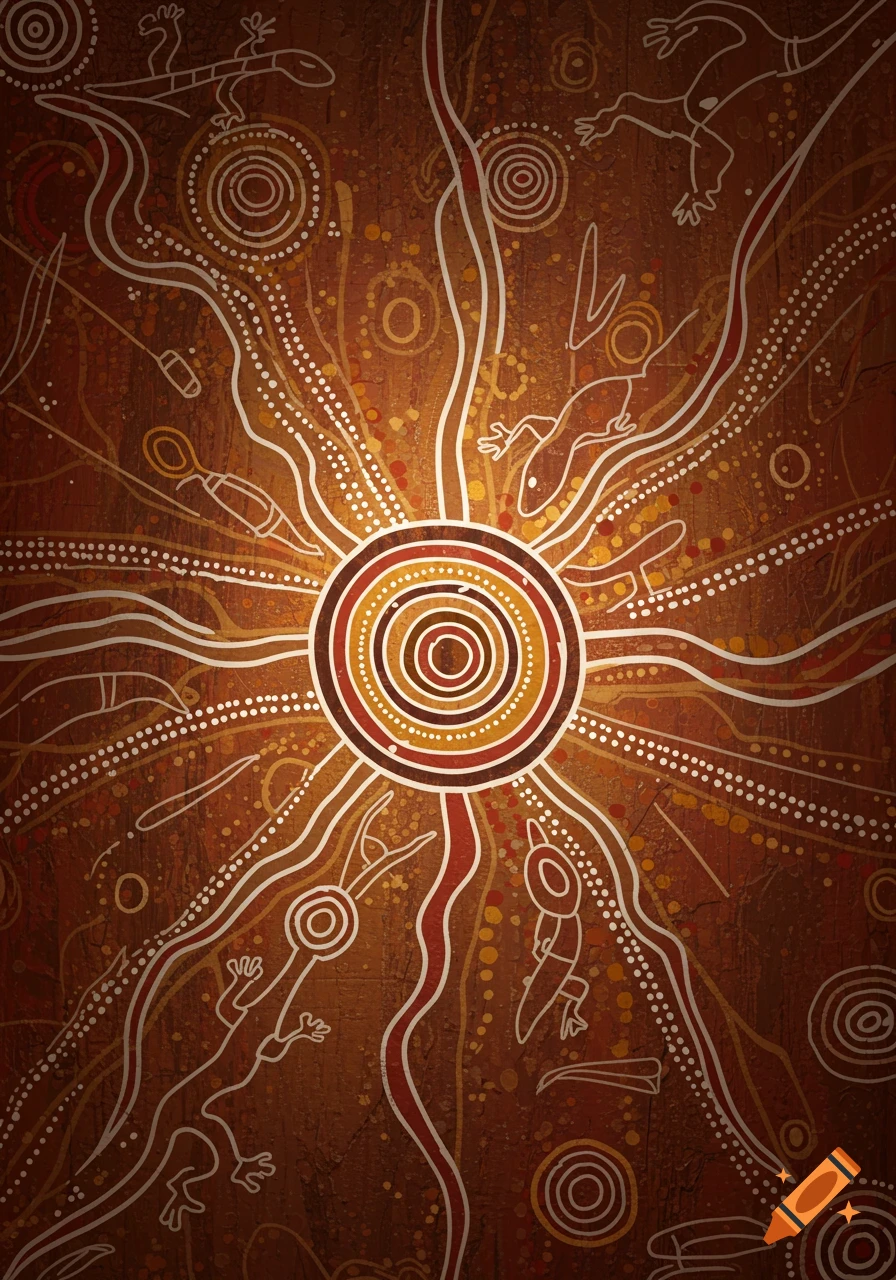 Aboriginal dot painting with a central sun, radiating lines, white dots, and lizard outlines on a textured brown background.