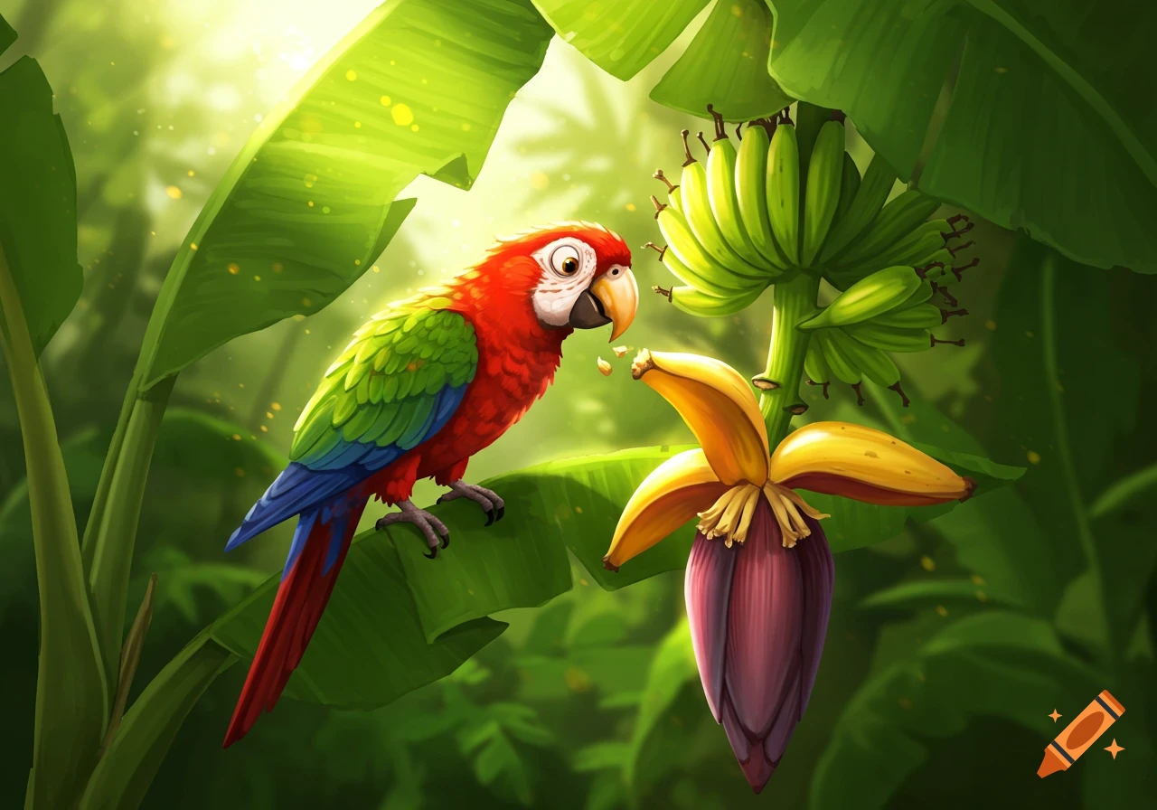 A vibrant cartoon parrot with red and green feathers pecks at a banana in a lush tropical jungle.