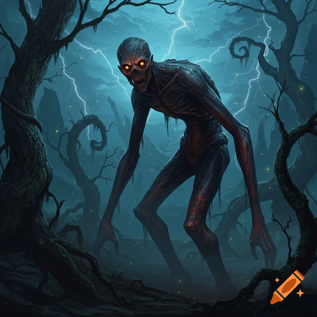 A skeletal, gaunt monster with glowing orange eyes stands in a dark, gnarled forest under a lightning storm.