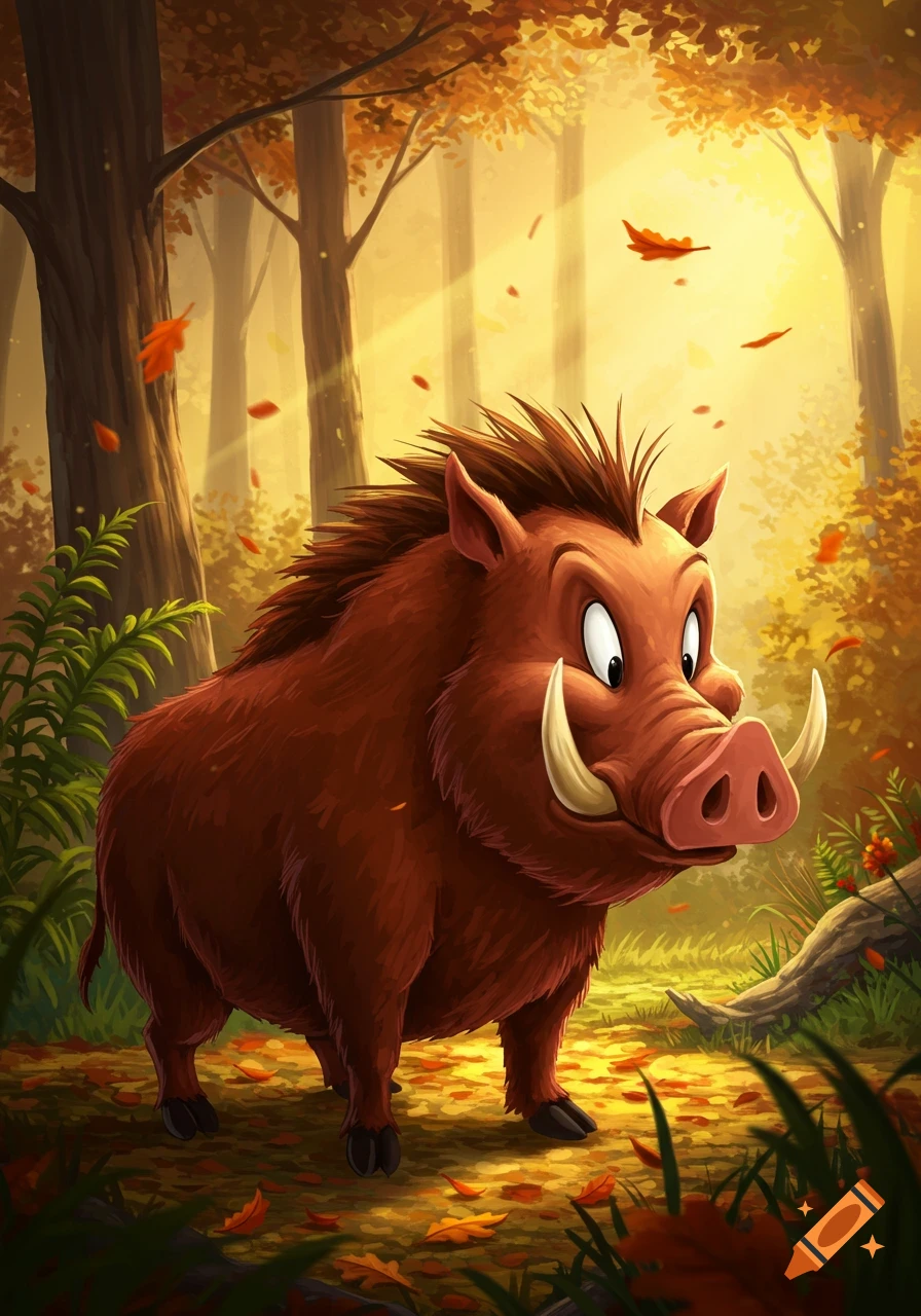 A cartoon wild boar with large tusks and big eyes stands in a sunny autumn forest filled with fallen leaves.