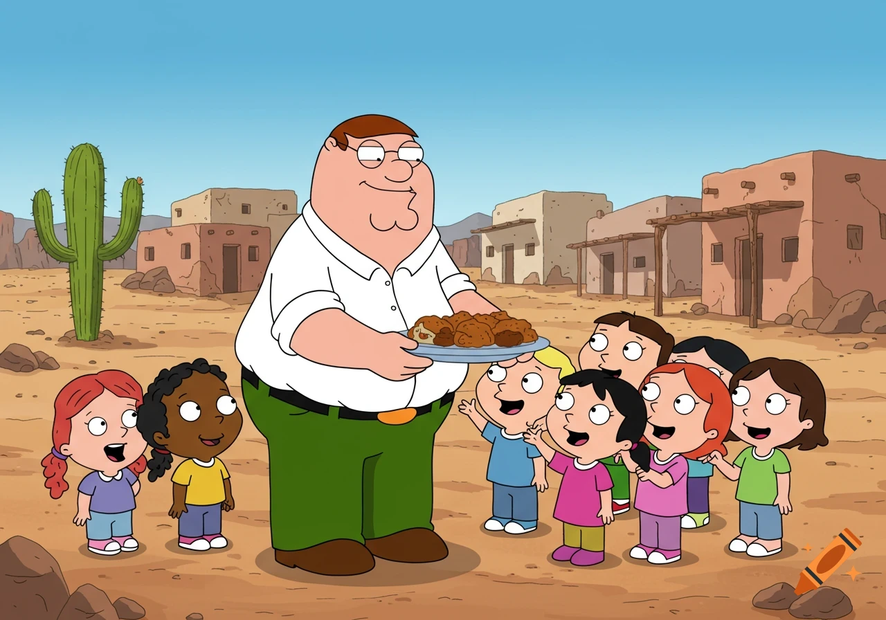 Cartoon of Peter Griffin holding a plate of food for a group of eager children in a desert village.