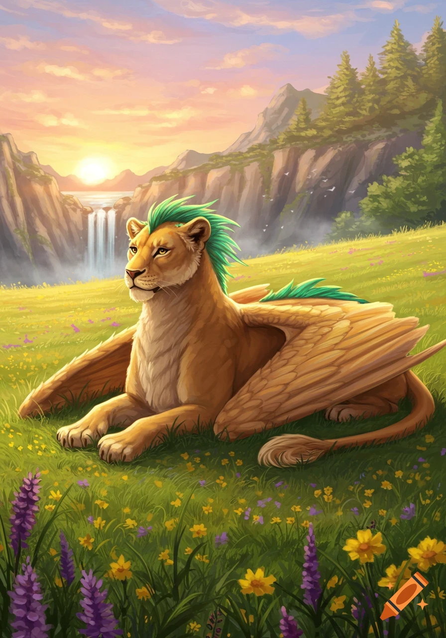 A serene winged lion-dragon with a green mane rests in a vibrant wildflower meadow with a sunset, mountains, and waterfall in a fantasy style.