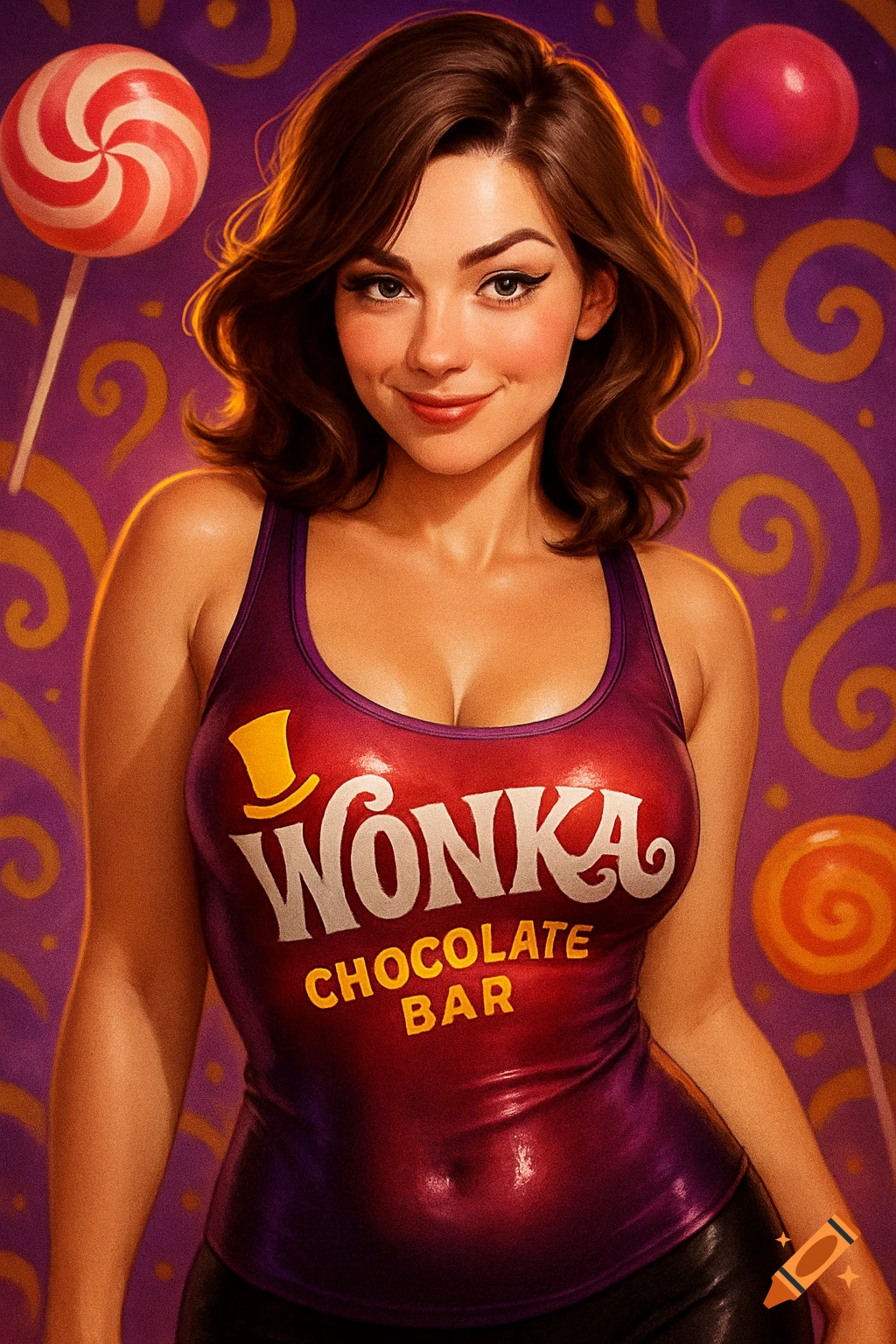 A brown-haired woman smiles in a tight purple tank top with "WONKA CHOCOLATE BAR" text, against a purple candy background.