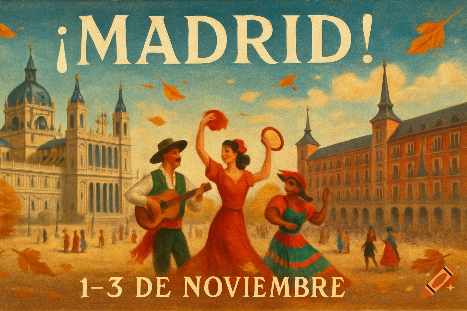 Vintage travel poster for Madrid, Spain, showing dancers, a guitarist, autumn leaves, and city landmarks. Text: ' R! 1-3 DE NOVIEMBRE'. With an exclamation mark missing from MADRID!